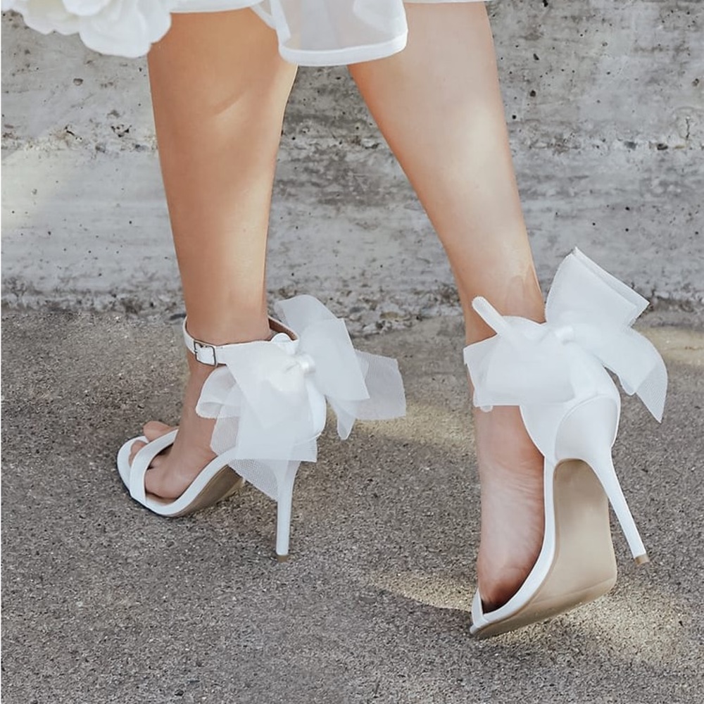Lulu’s Ayanna Ivory Satin Bow Ankle Strap High Heel Sandals